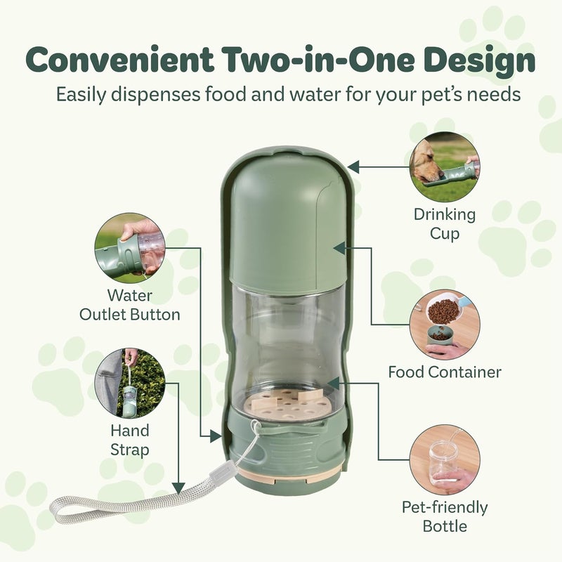 desired tools Portable Pet Food and Water Dispenser, 2 in 1 Cat & Small Dog Water Bottle & Food Container, Lightweight, BPA Free Pet Water Bottle Traveling Essentials for Walking & Hiking (Green, 13oz) - Image 3
